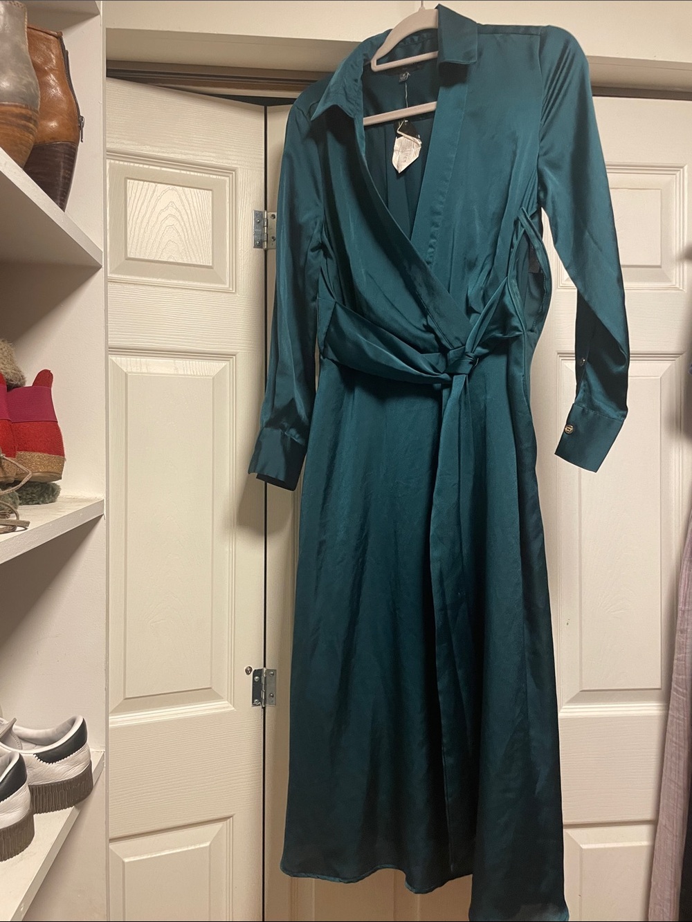 Tahari ASL Teal Satin Wrap Midi Dress with Long Sleeves